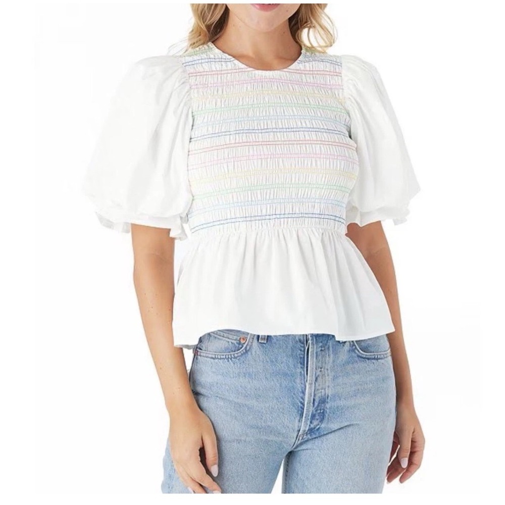 Crosby by Mollie Burch Sloan Peplum  Rainbow Smocked Puff Sleeve Top Womens M